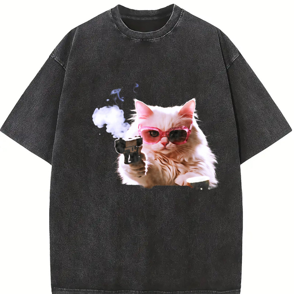 1pcscute Cat Funny T-shirtmen's Vintage Washed T-Shirt product image 2