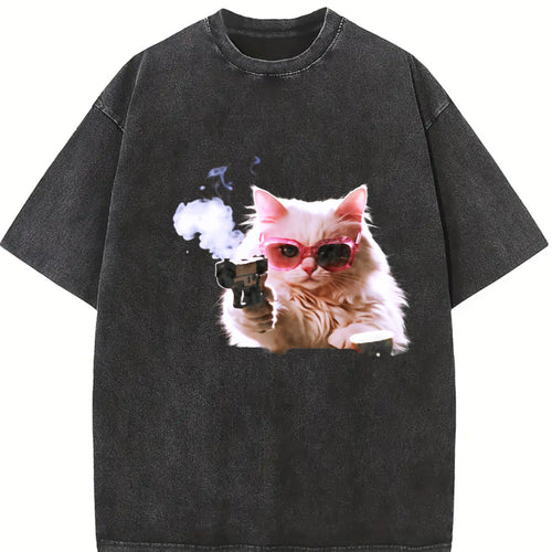 1pcscute Cat Funny T-shirtmen's Vintage Washed T-Shirt product image 2