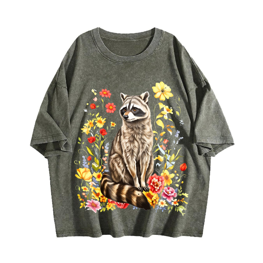 Cute Raccoon Floral Vintage Washed T-Shirt product image 4