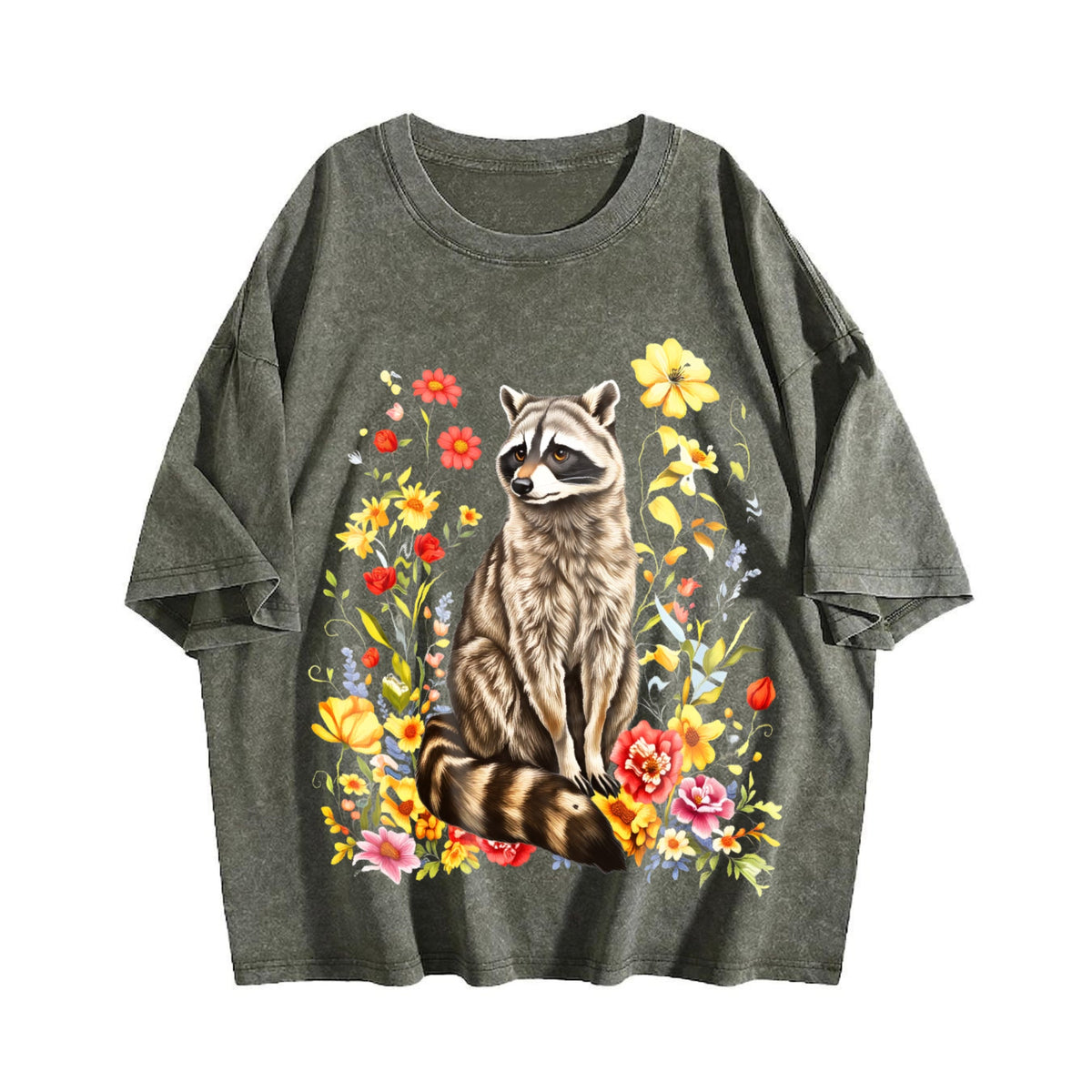 Cute Raccoon Floral Vintage Washed T-Shirt product image 4