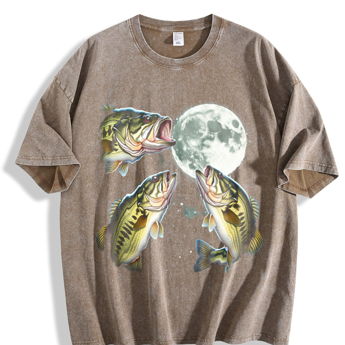 Bass Fish Howling At Moon 90s Vintage Washed T-Shirt product image 3