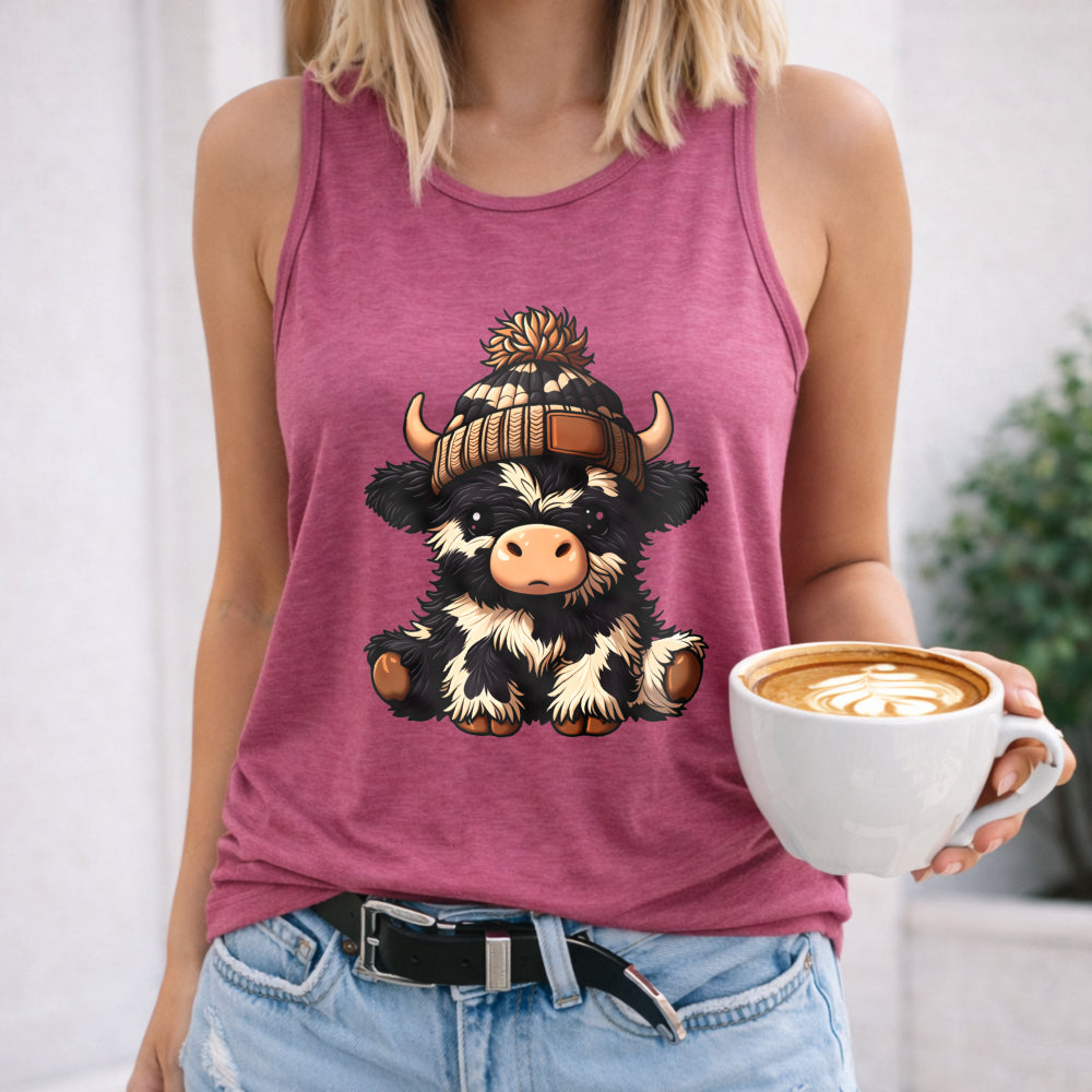 Cute Cartoon Cow & Beanie - Relaxed Women's Tank Top