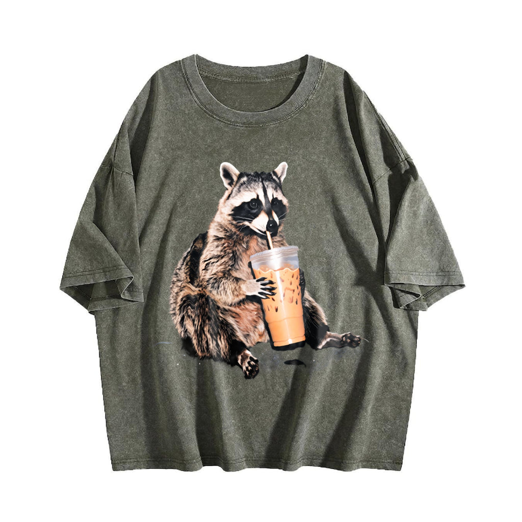 Raccoon Drinking Iced Coffee 90s Vintage Washed T-Shirt product image 4