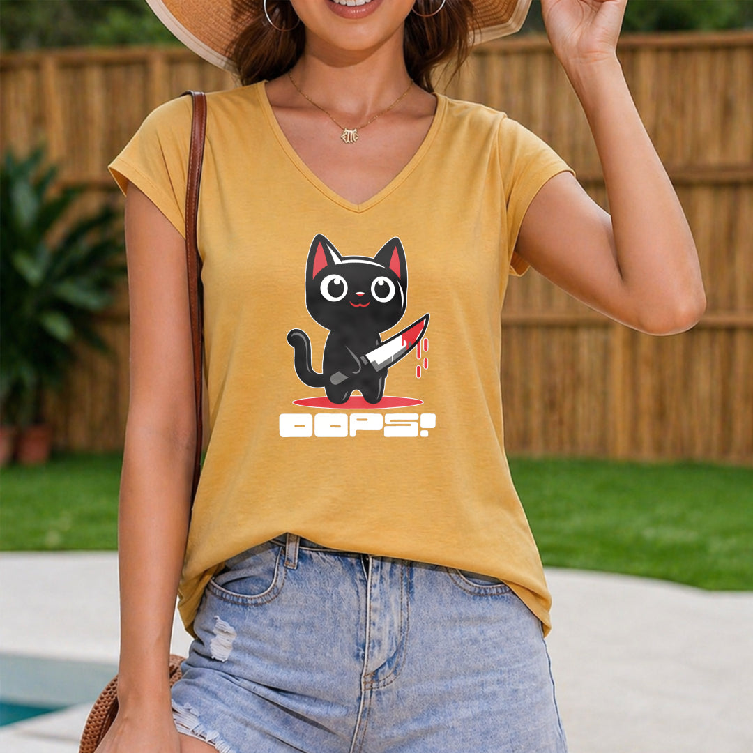Edgy Oops Black Cat Whoops - Women's V-Neck Tank Top