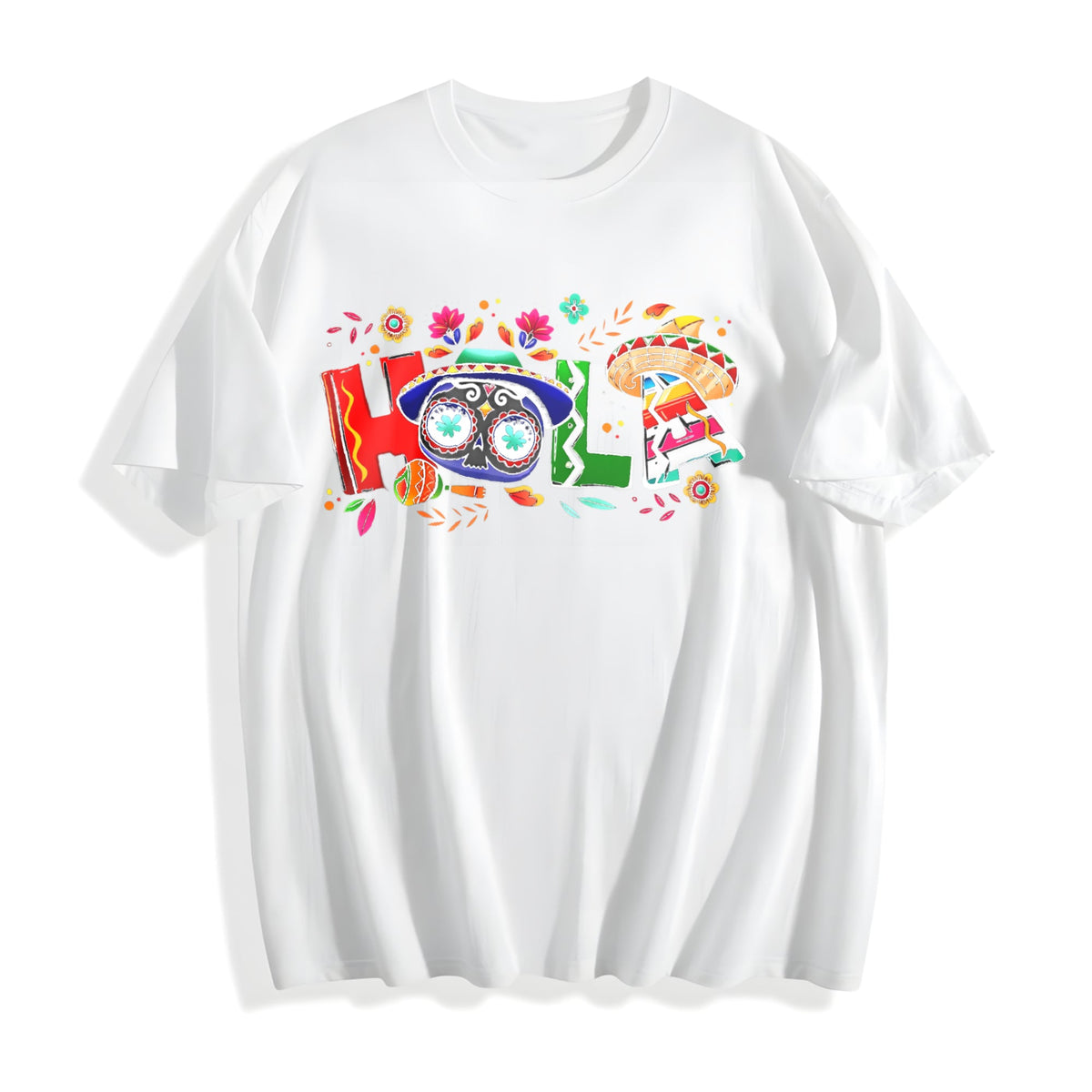 Holiday Letter Wide Brim Hat Cinco De Mayo Carnival Hola Skull Cotton T-Shirt