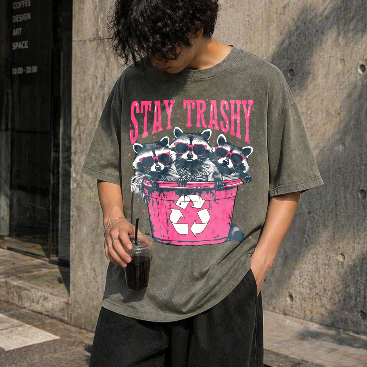 Stay Trashy - Black With Pink Raccoon & Bin Vintage Washed product image 4