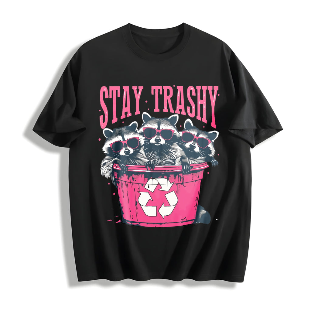 Stay Trashy - Black With Pink Raccoon & Bin Cotton T-Shirt product image 1