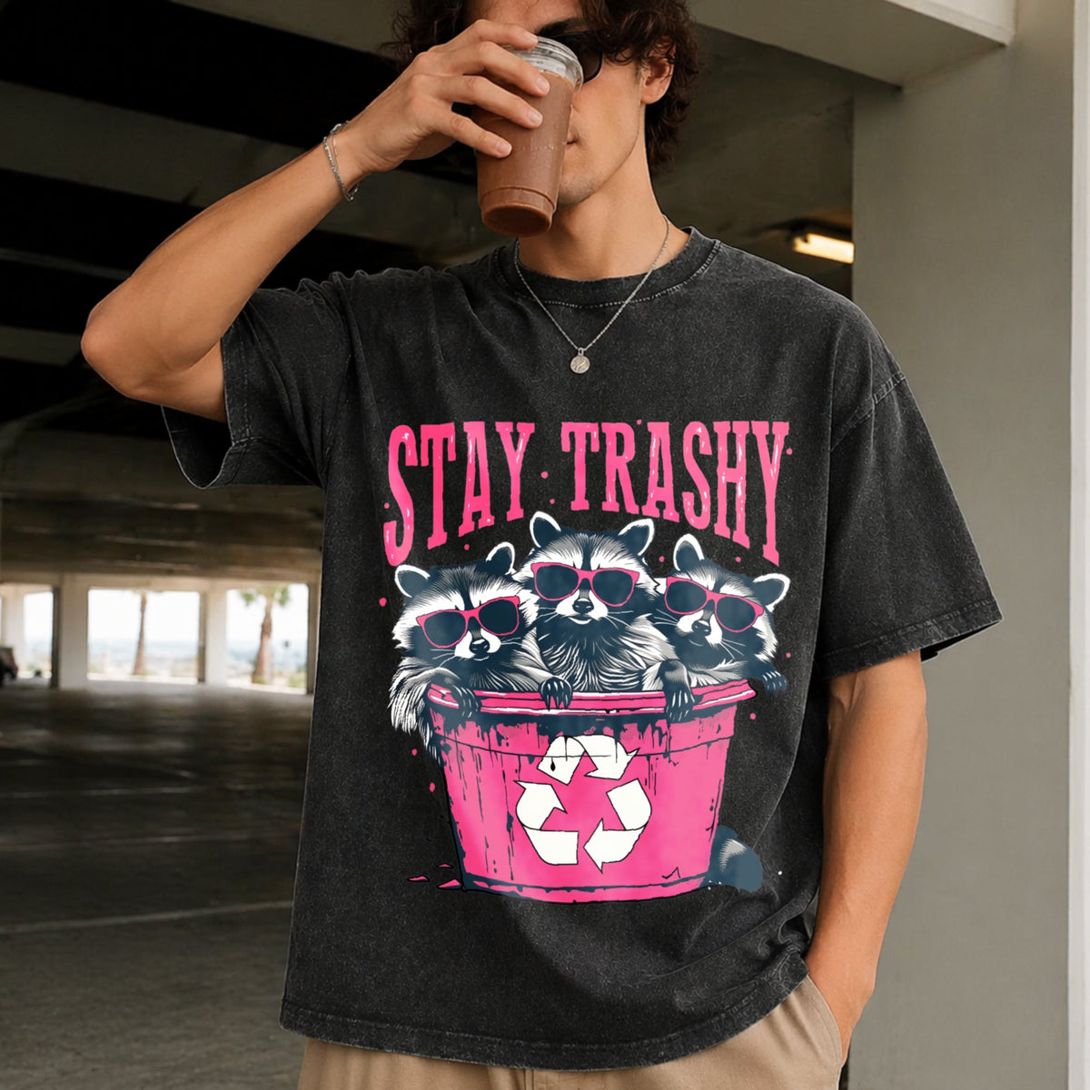Stay Trashy - Black With Pink Raccoon & Bin Vintage Washed product image 2