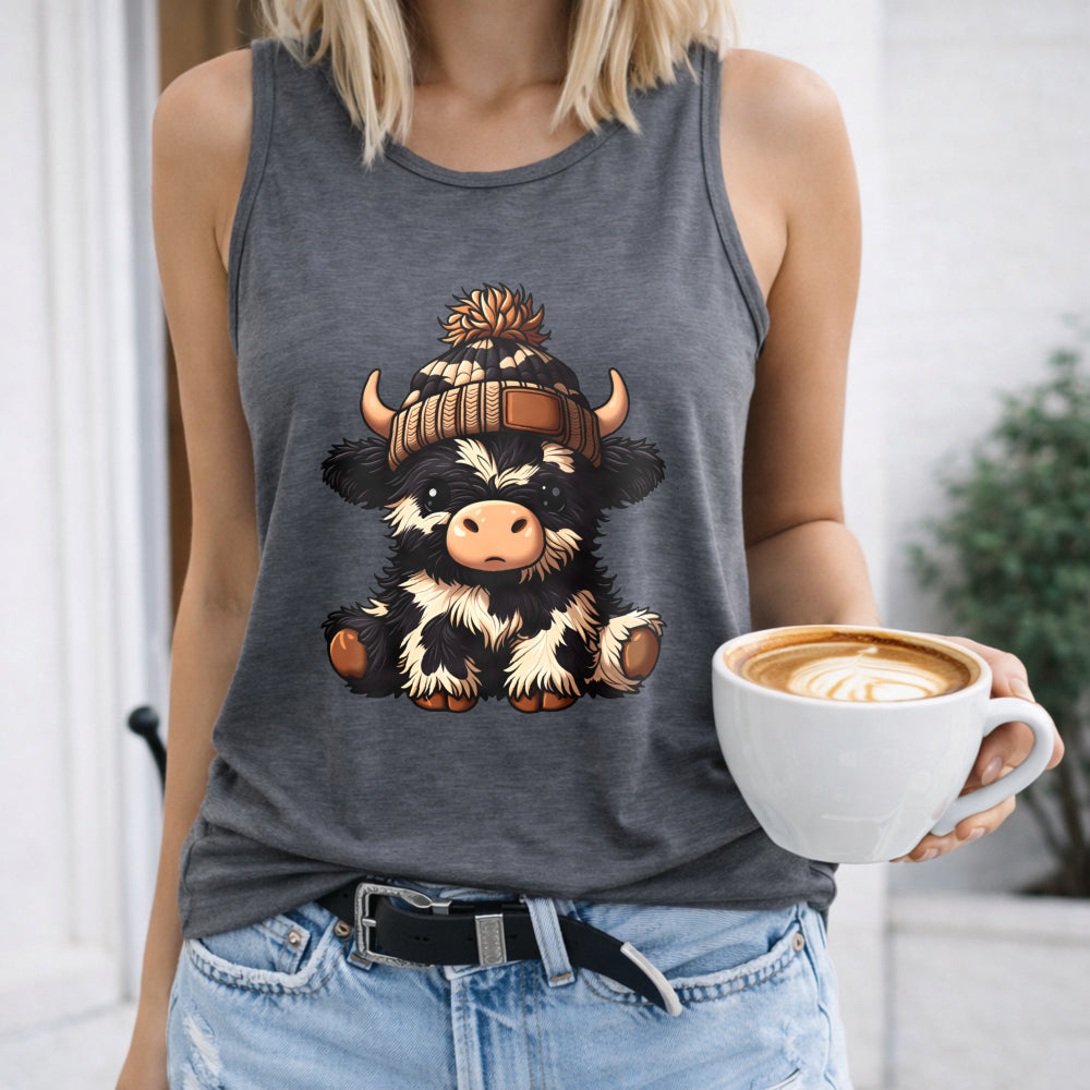Cute Cartoon Cow & Beanie - Relaxed Women's Tank Top