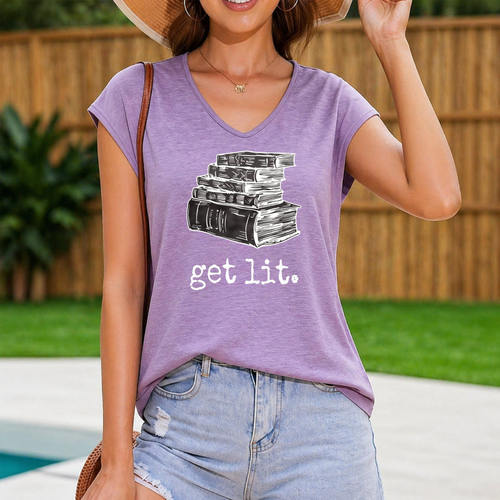 Stacked Books Are Lit Up - Fun Cartoon Letter Women's V-Neck Tank Top