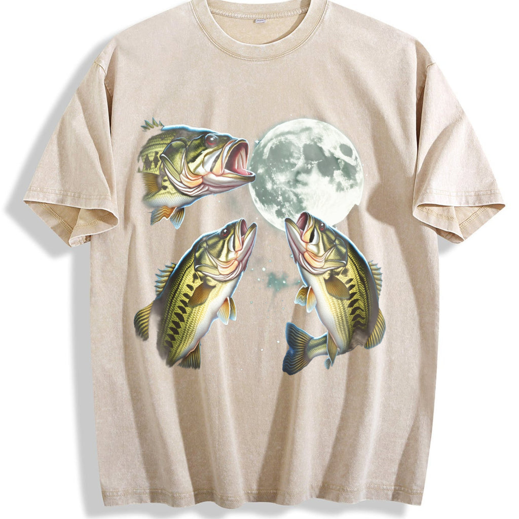 Bass Fish Howling At Moon 90s Vintage Washed T-Shirt product image 1