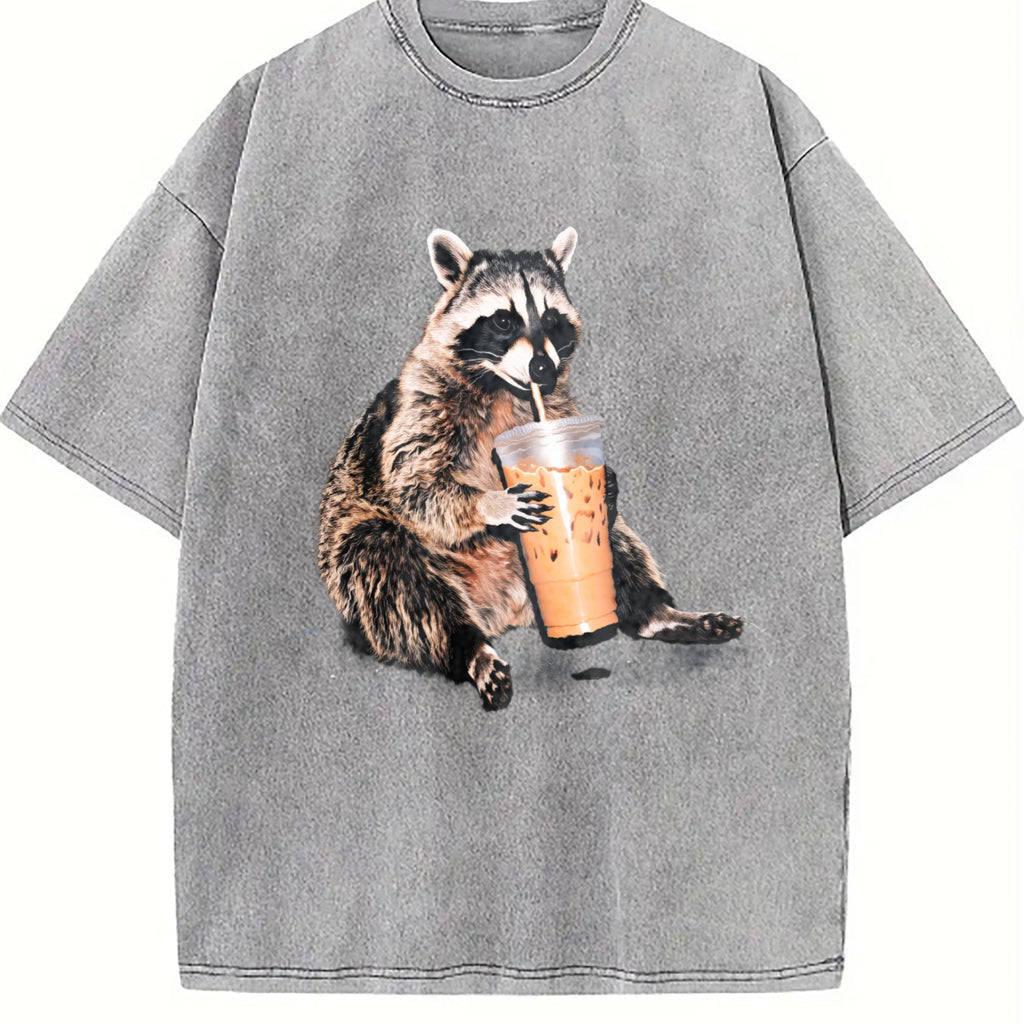 Raccoon Drinking Iced Coffee 90s Vintage Washed T-Shirt product image 5