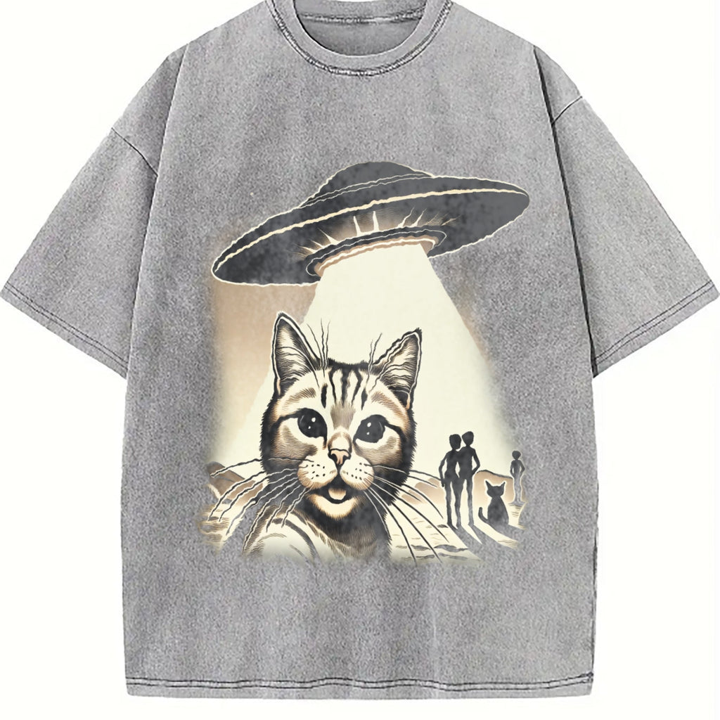 Cat UFO Selfie 90s Vintage Washed T-Shirt product image 5