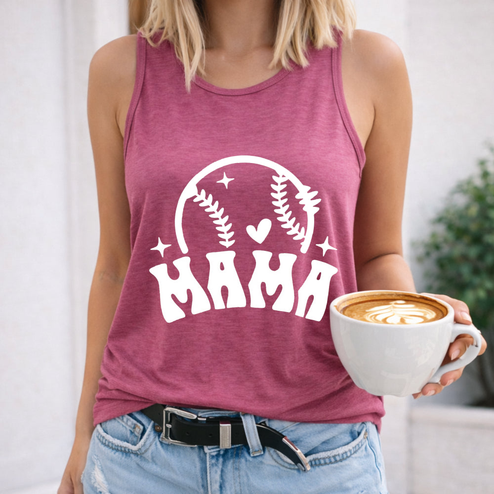Mama With Baseball - Pink With Heart & Star Details Women's Tank Top