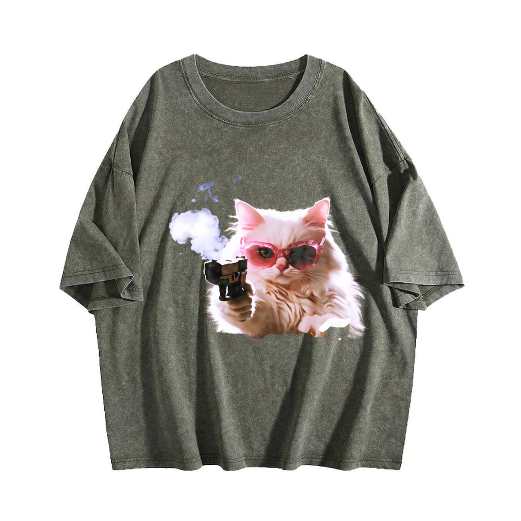 1pcscute Cat Funny T-shirtmen's Vintage Washed T-Shirt product image 4