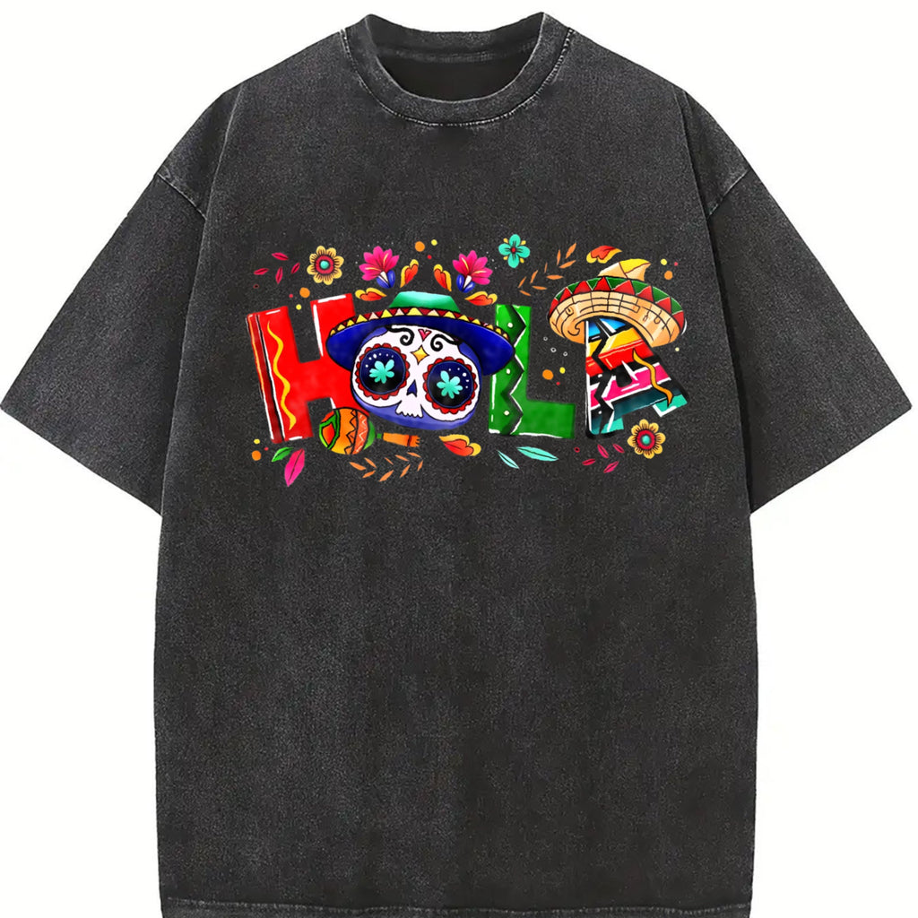 Holiday Letter Wide Brim Hat Cinco De Mayo Carnival Vintage Washed T-Shirt