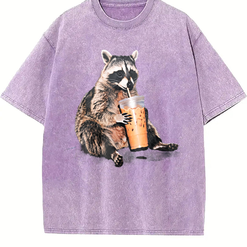 Raccoon Drinking Iced Coffee 90s Vintage Washed T-Shirt product image 6