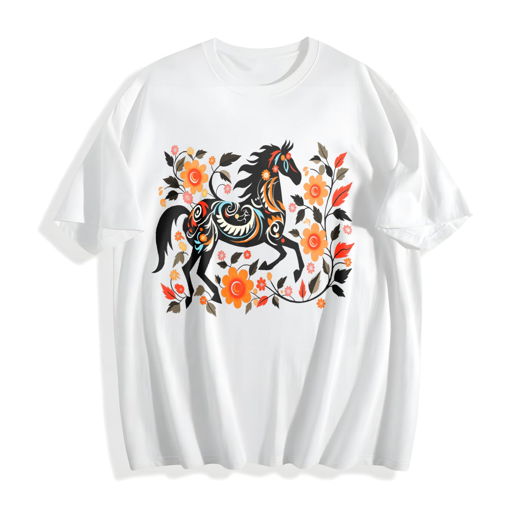 Bohemian Floral & Black Horse - -inspired Cotton T-Shirt product image 2