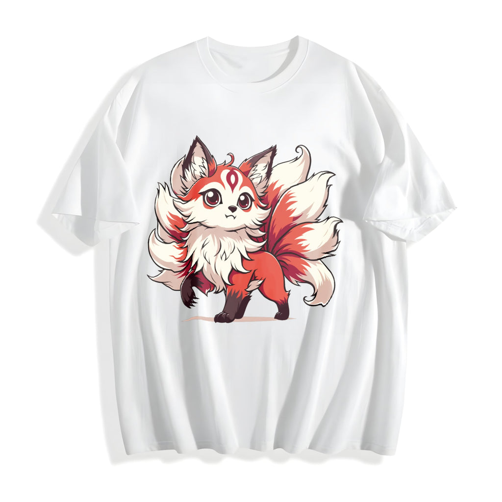 Summer A Red And White Nine-tailed Fox Cotton T-Shirt product image 2