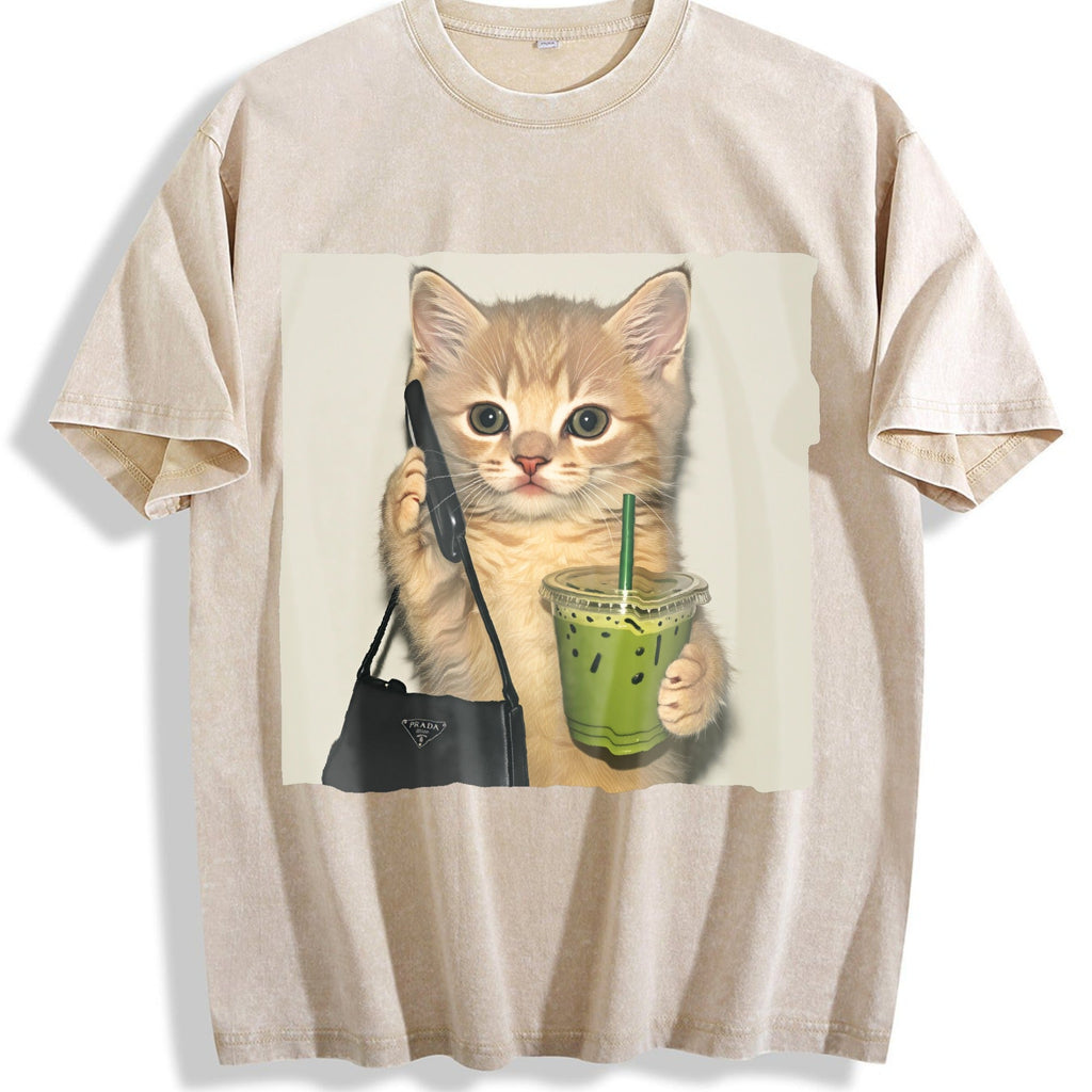 Cat And Drink Vintage Washed T-Shirt product image 1