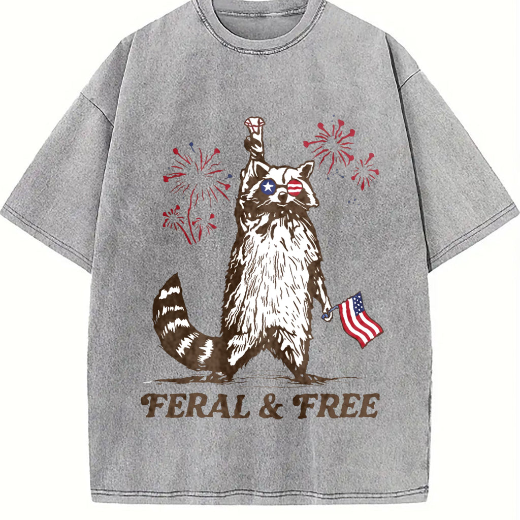 Raccoon Flag And Firework Vintage Washed T-Shirt product image 4
