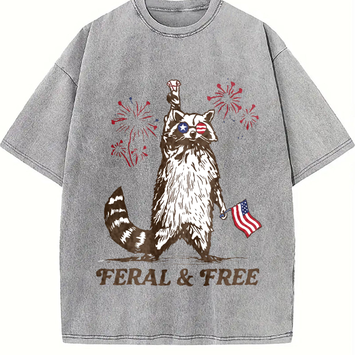 Raccoon Flag And Firework Vintage Washed T-Shirt product image 4