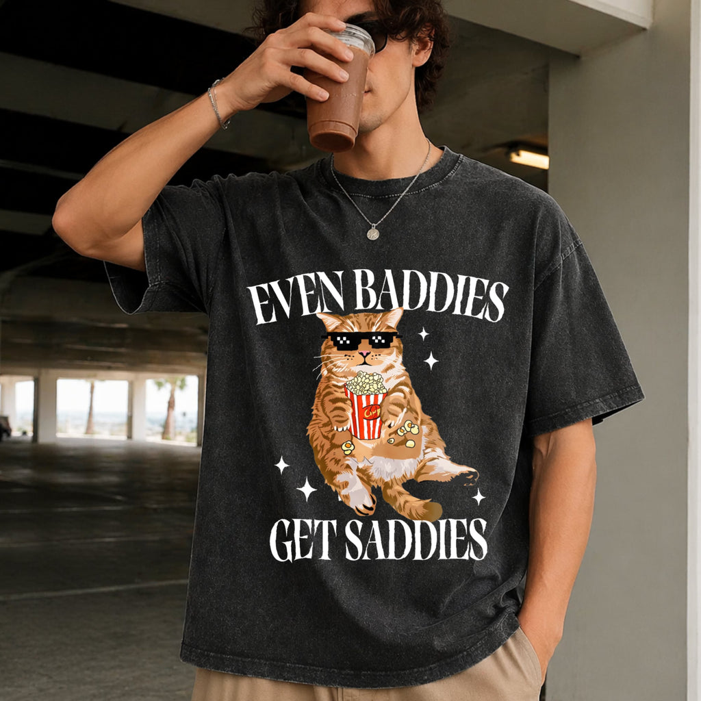 Even Baddies Get Saddies Funny Cat Vintage Washed T-Shirt product image 2