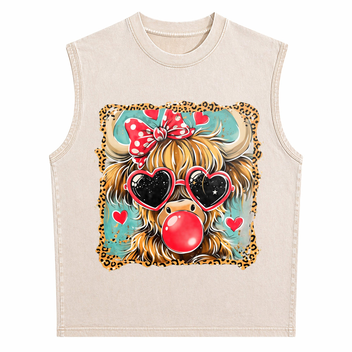 Highland Cow Valentine Coquette Valentine Heart Leopard Men's Washed Tank Top