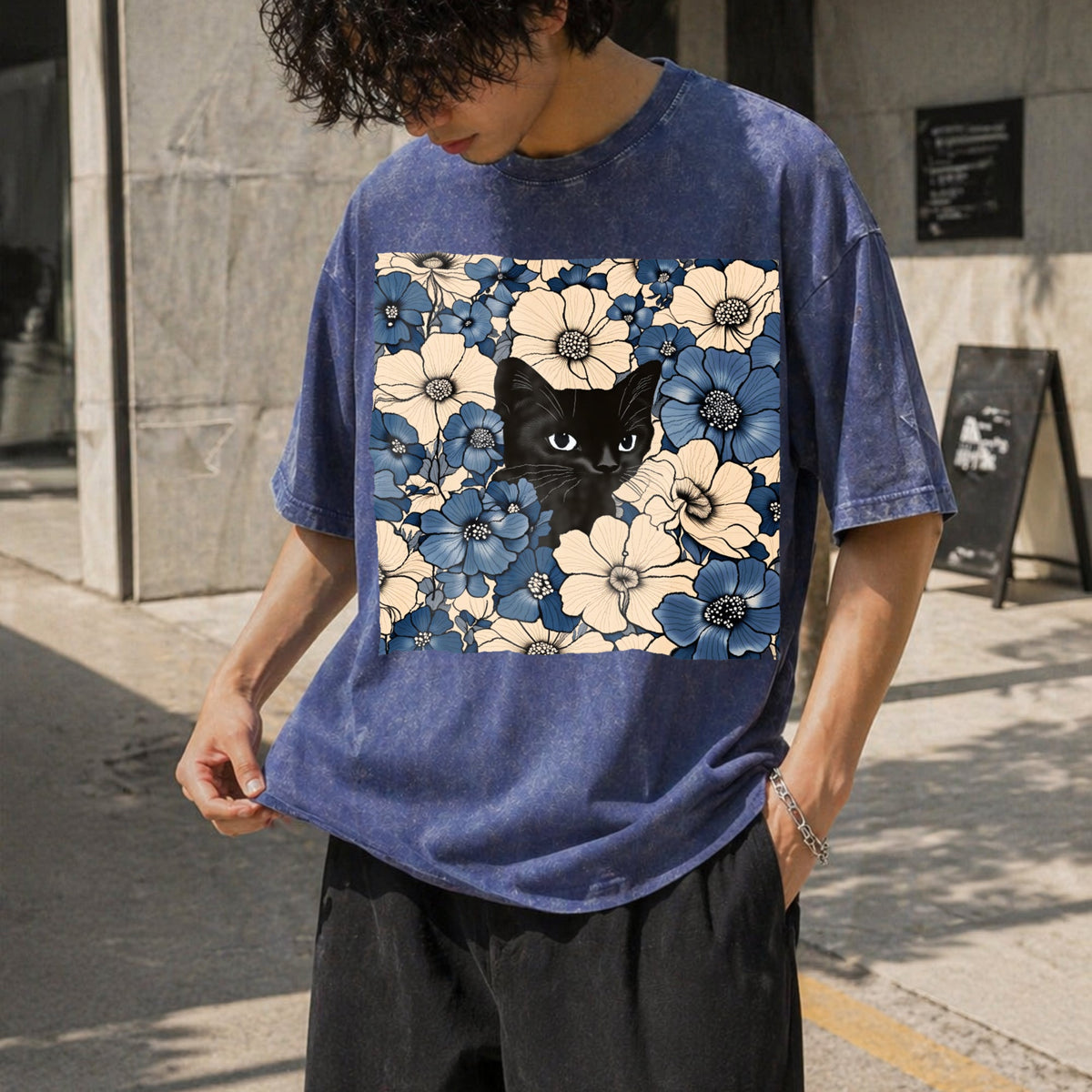 Black Cat Floral Fun American Vintage Washed T-Shirt product image 8