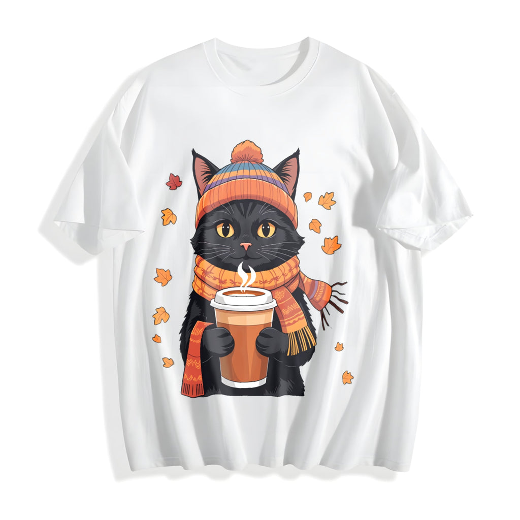Winter Autumn And Winter Atmosphere Black Cat Holding A Cup Of Cotton T-Shirt