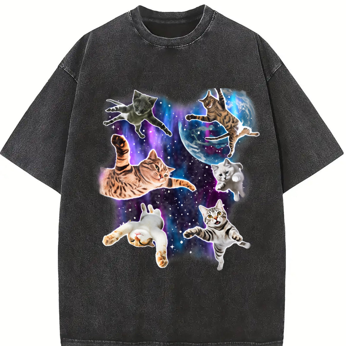 Cats Floating In Galaxy 90s Vintage Washed T-Shirt product image 2