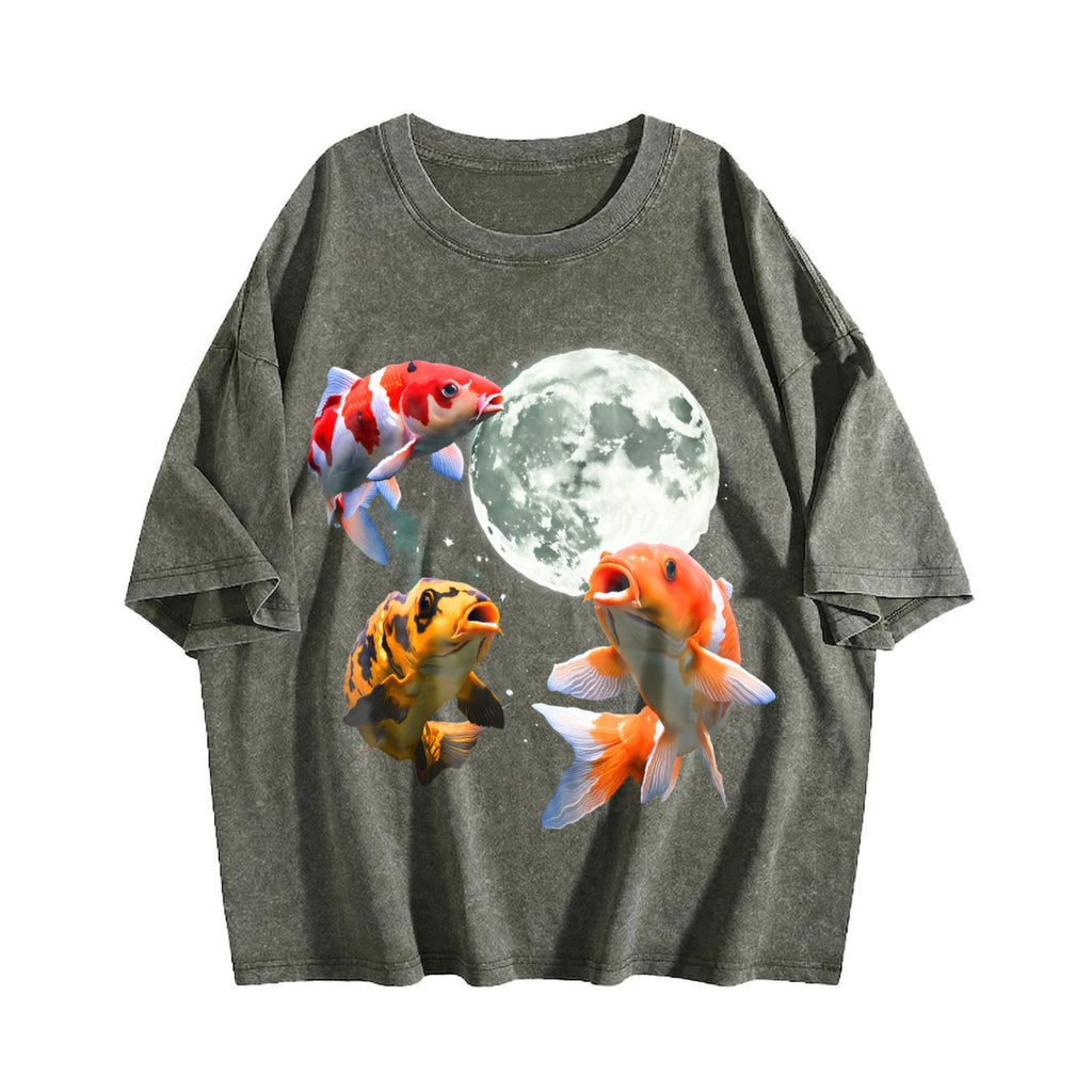 Koi Fish Howling At Moon 90s Vintage Washed T-Shirt product image 4