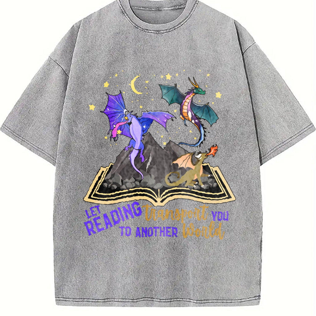 Let Reading Transport You Dragon Book Vintage Washed T-Shirt product image 5