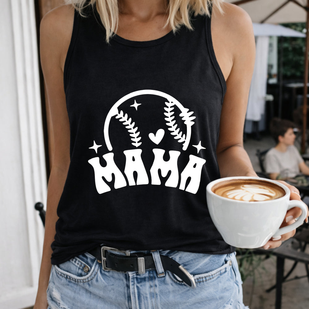 Mama With Baseball - Pink With Heart & Star Details Women's Tank Top