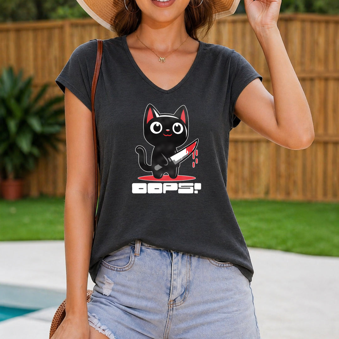 Edgy Oops Black Cat Whoops - Women's V-Neck Tank Top