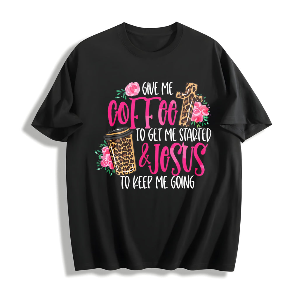 Funny Coffee & Faith - & Jesus Pink On Black Cotton T-Shirt product image 1