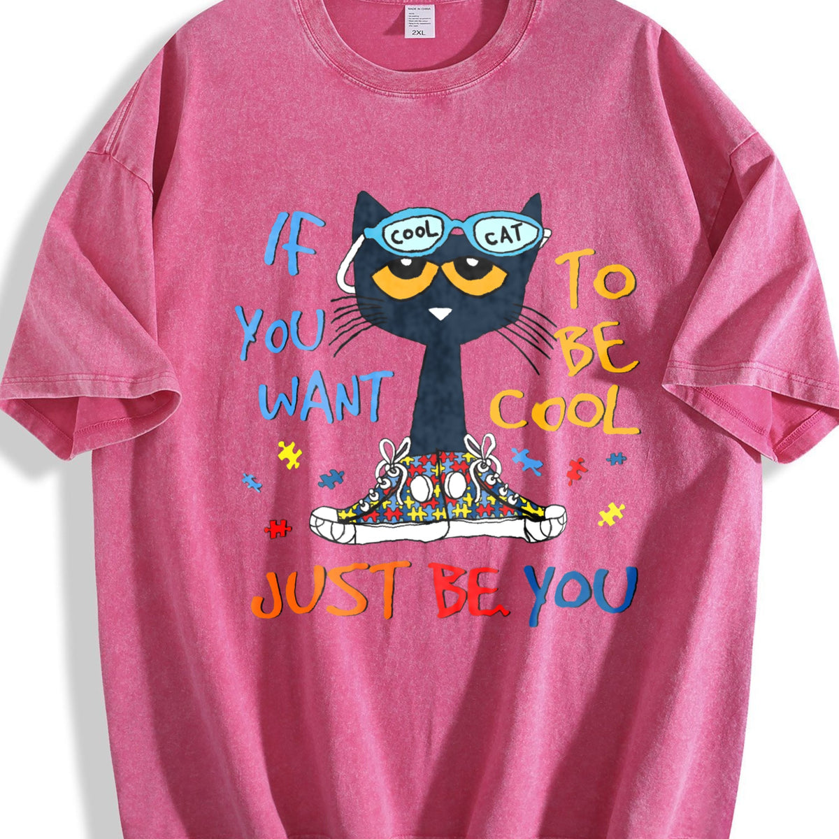 Cartoon Cat Blue-framed Glasses Vintage Washed T-Shirt product image 5
