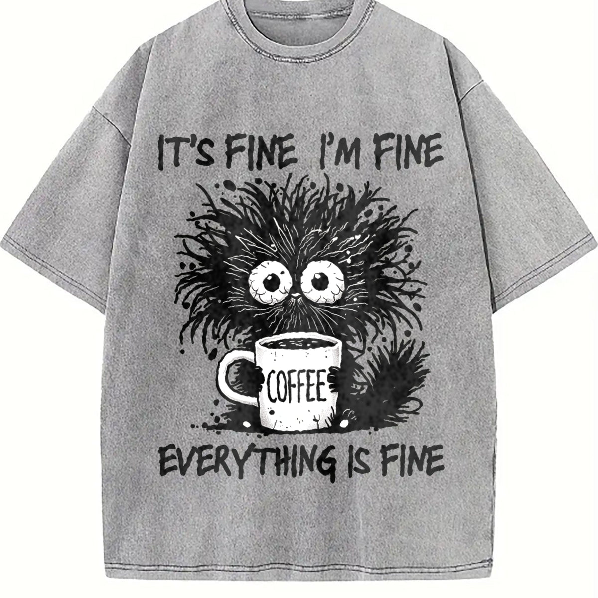 Animal Letter Furry Cat Coffee Vintage Washed T-Shirt product image 5
