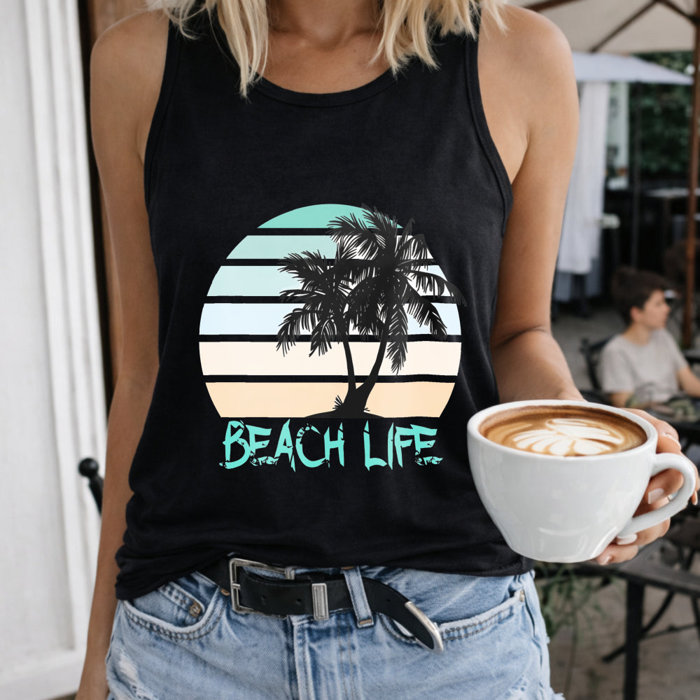 Island Vacation And Beach Life Letters And Palm Tree Women's Tank Top