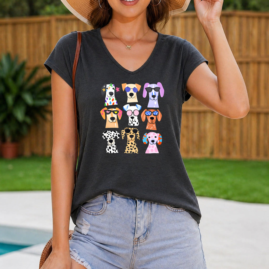 Nine Cartoon Dogs Wearing Glasses And Women's V-Neck Tank Top