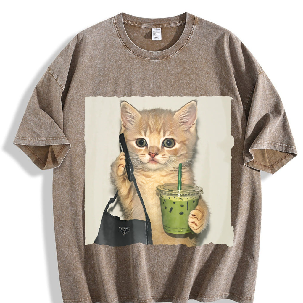 Cat And Drink Vintage Washed T-Shirt product image 3