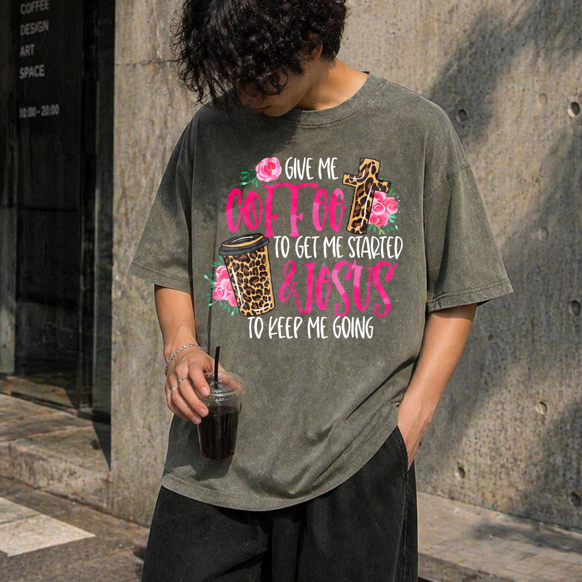 Funny Coffee & Faith - & Jesus Pink On Black Vintage Washed product image 4