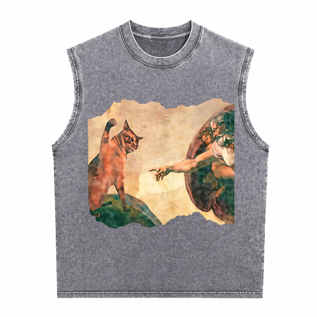 Funny Cat Swatting God's Hand Parody Cat The Divine Men's Washed Tank Top