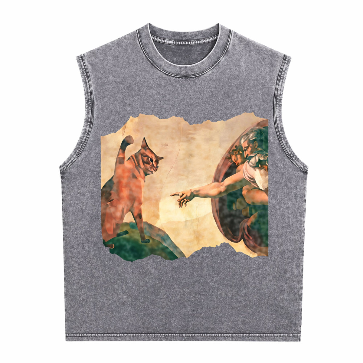 Funny Cat Swatting God's Hand Parody Cat The Divine Men's Washed Tank Top