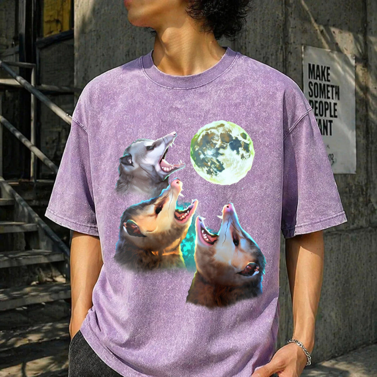 Three Possums Howling At Moon Vintage Washed T-Shirt product image 6