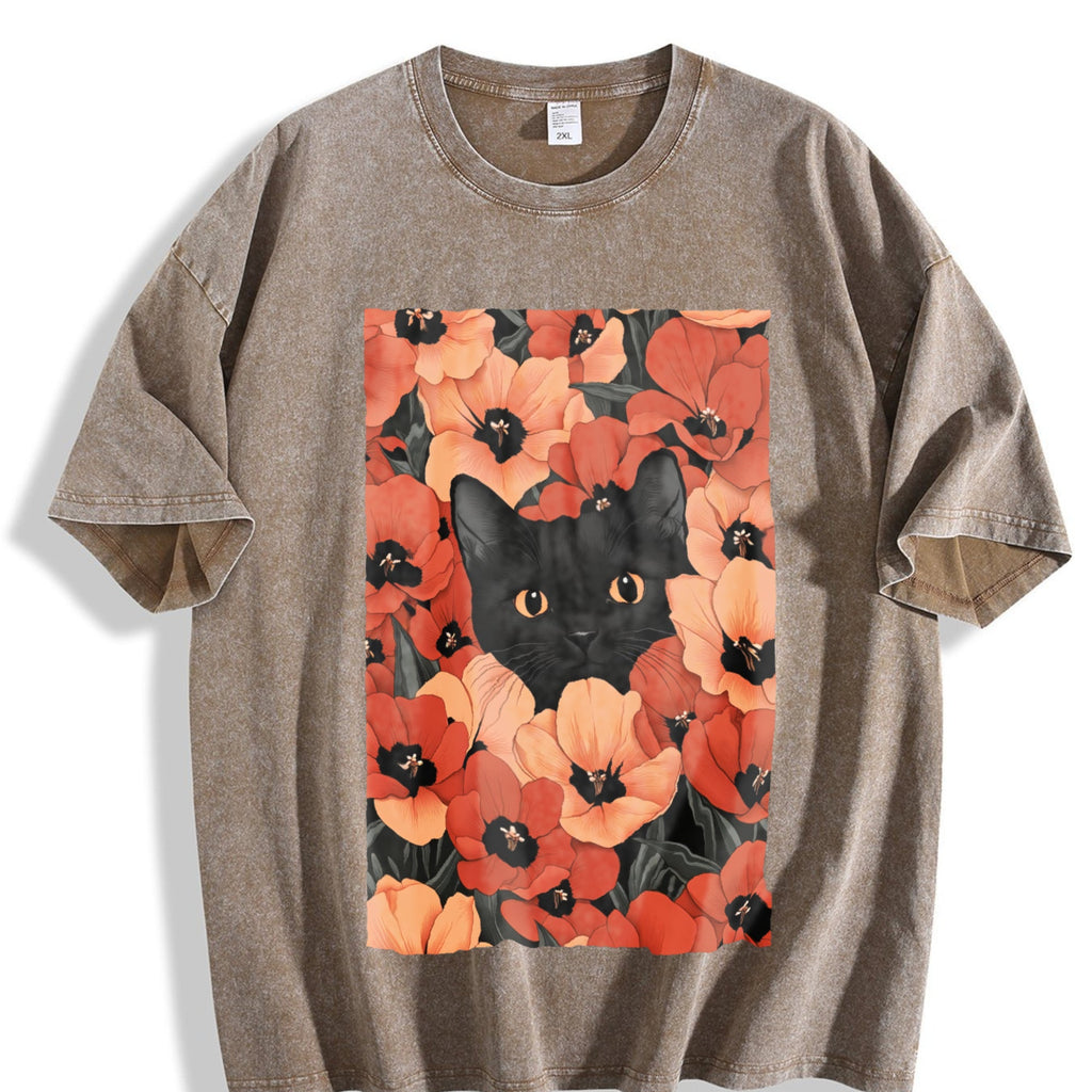 Blockbuster - Black Cat And Red Daisy Vintage Washed T-Shirt product image 3