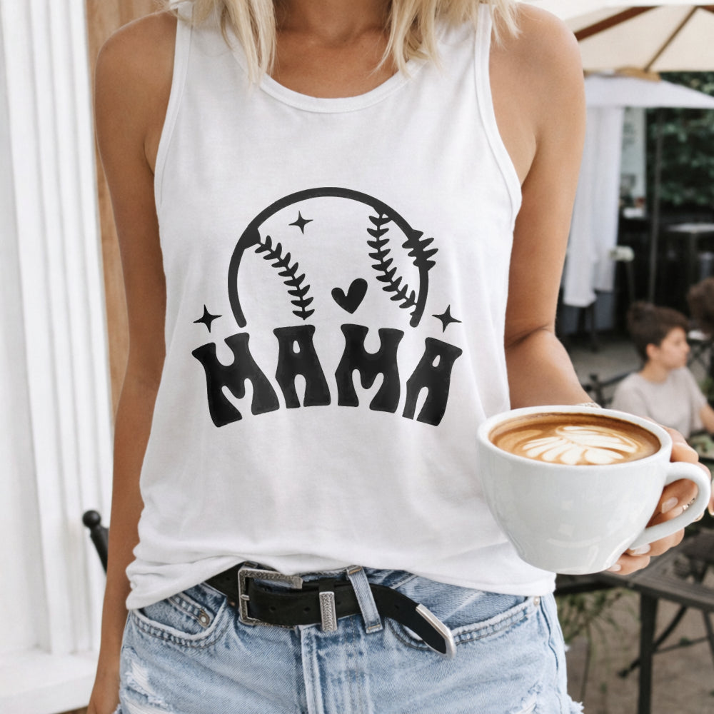 Mama With Baseball - Pink With Heart & Star Details Women's Tank Top