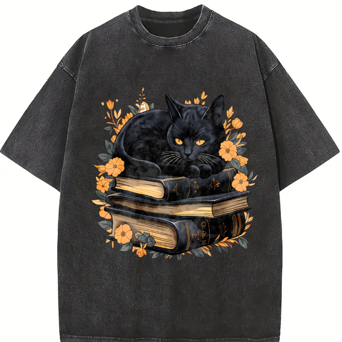 Cat On Book With Autumn Leaves Vintage Washed T-Shirt product image 2