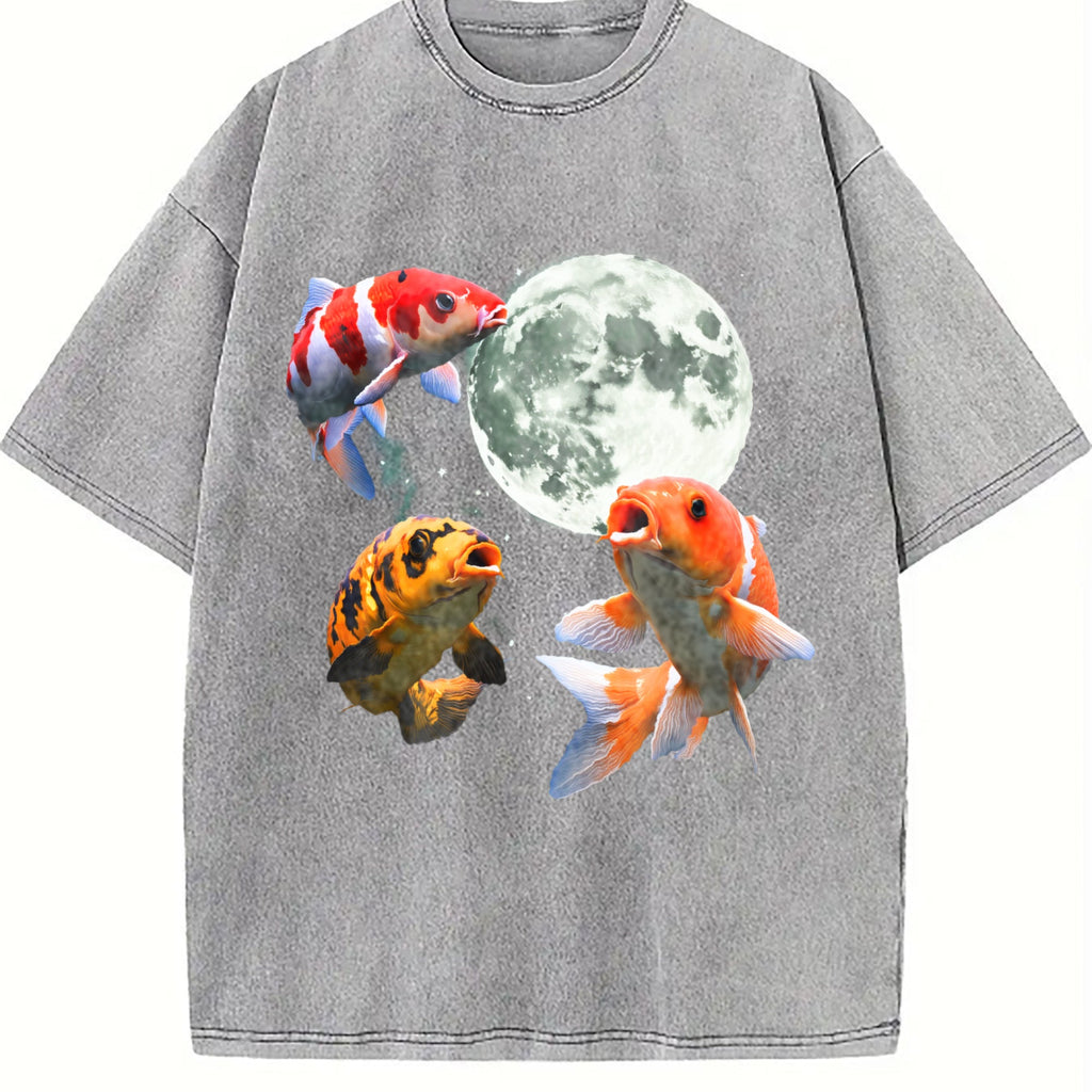 Koi Fish Howling At Moon 90s Vintage Washed T-Shirt product image 5