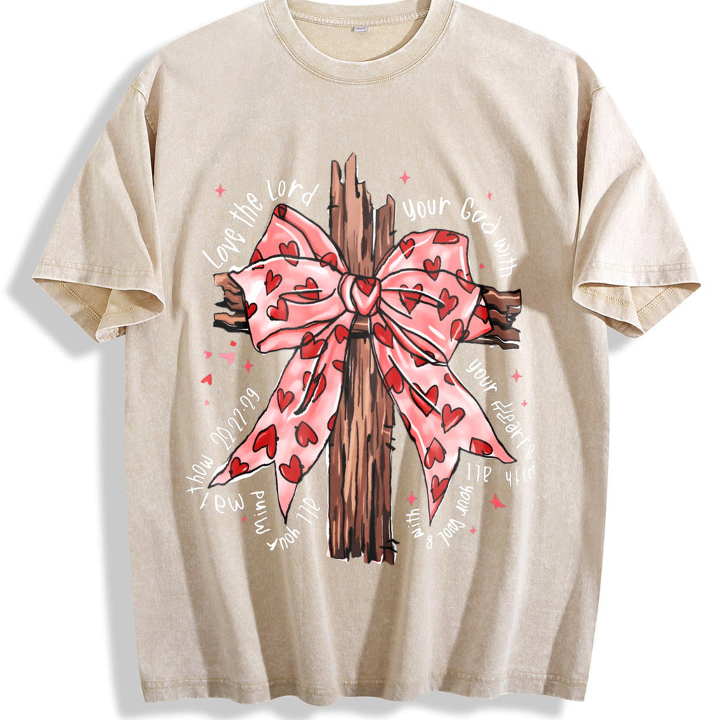 Faith Cross with Pink Heart Bow Vintage Washed T-Shirt product image 1